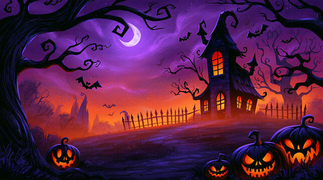 Spooky Halloween haunted house with glowing jack o lantern pumpkins, flying bats, crescent moon and twisted trees in a colorful purple and orange night scene