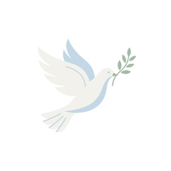 Fototapeta premium Minimalist vector illustration showing flying peace dove bird holding green olive branch in flat artistic style with soft pastel colors