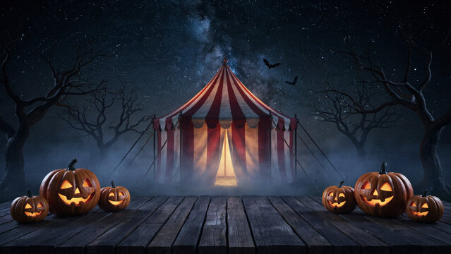 Halloween Pumpkin Circus Tent Under Starry Night Sky with Bats