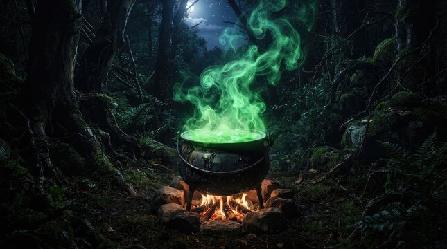 Mystical glowing cauldron emitting ethereal green smoke in enchanted forest night with surrounded eerie yet captivating atmosphere over small flame