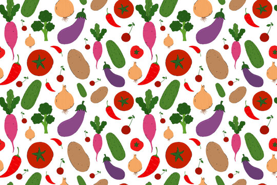 Organic Vegetables Seamless Pattern in Hand Drawn Flat Style. Healthy food vector pattern. Farmers market veggies, harvest trendy food background for packaging, recipe, textile, wrapping paper.