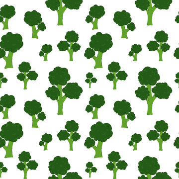 Broccoli Seamless Pattern in Hand Drawn Flat Style. Modern green vegan food background. Diet healthy eating concept. Brassica olerace pattern for packaging, kitchen, recipe, textiles.