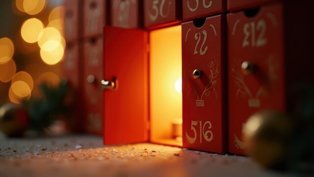 Red christmas advent calendar with open glowing door revealing warm light inside, christmas tree bokeh and gold baubles, cozy scene, concept of christmas, retail, gifting