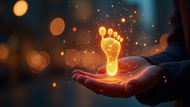 Glowing carbon footprint icon particles dispersing, environmental data dynamic motion bright, climate concept vibrant stunning, sustainability tracking glow powerful