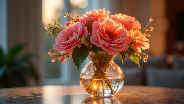 Crystal vase flowers glowing elegant light, botanical arrangement motion dynamic detailed, floral elegance radiant beautiful, interior art