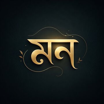 Bengali calligraphy word Mon in gold 3D style, elegant golden typography on dark background, luxury artistic script for cultural design