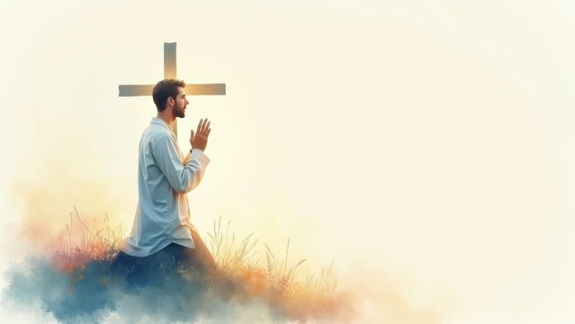 Watercolor painting man praying cross soft, gentle flowing pastel colors ethereal, spiritual peace, faith 