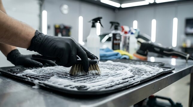 Professional car detailing specialist scrubbing a black rubber trunk mat with soap and brush in a studio