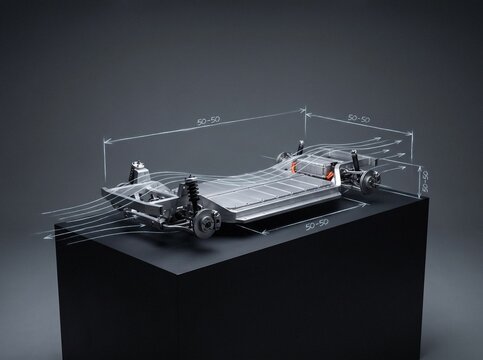 Electric vehicle skateboard chassis on a dark pedestal with white CAD dimension lines and aerodynamic airflow vector graphics