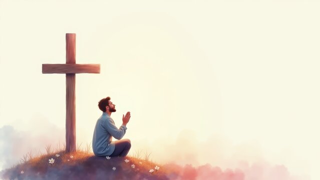 Watercolor painting man praying cross soft, gentle flowing pastel colors ethereal, spiritual peace, faith 