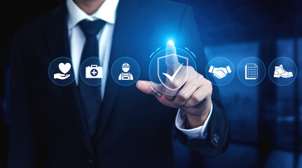 Obraz premium Businessman in a Suit Interacting with Technology Icons Representing Health, Safety, Partnership, and Industry in a Modern Office Setting. Glyphic.