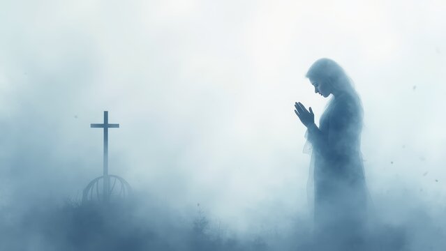 Watercolor misty fog praying figure cross, soft grey blue ethereal atmosphere dreamy, faith mystery contemplation beautiful artistic, devotion introspective theme