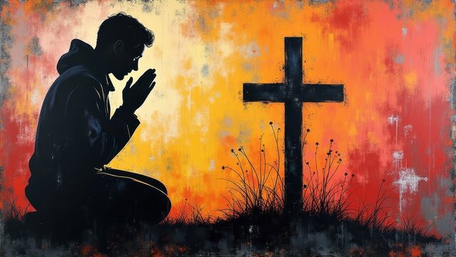 Stencil street art style praying silhouette, bold graphic cross urban background dramatic, high contrast spray paint aesthetic, spiritual faith contemporary illustration