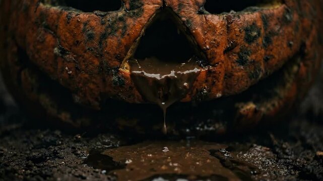 Gruesome 4K Cinematic Rotting Jack-o'-lantern Pumpkin Oozing Dark Muddy Liquid from its Mouth onto the Moody Ground Close-up