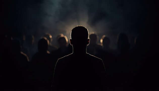 Silhouetted man standing before blurred crowd, backlit figure facing audience in dark smoky room, concept of leadership, cult, mystery