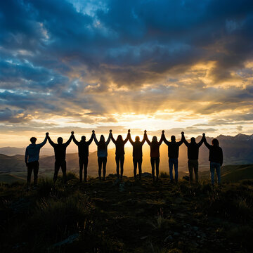 Silhouette of people holding hands on a hilltop at sunset symbolizing unity and community