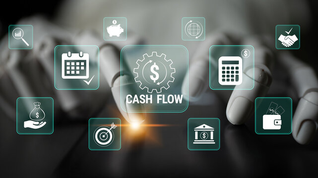 Handcrafted puppet fingers interact with digital icons representing financial management, cash flow, investment, and economic growth in a modern setting. Glyphic.