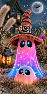 Vertical cute wallpaper featuring cute ghost character in cartoon adorable style