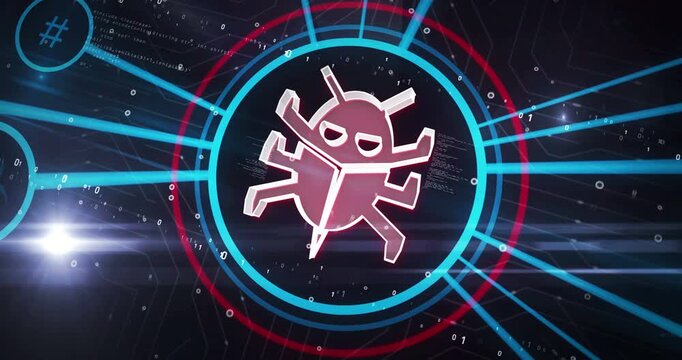 Worm virus cyberattack warning symbol digital concept. Cyber technology and computer network background abstract 3d animation.