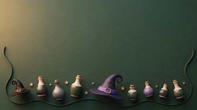 Halloween background with witch hats and magic potion bottles on dark green surface