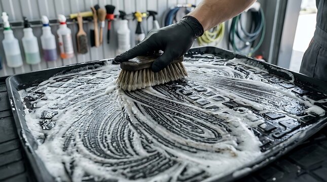Detailing a car interior floor mat with a brush and soap suds for a deep clean and fresh look
