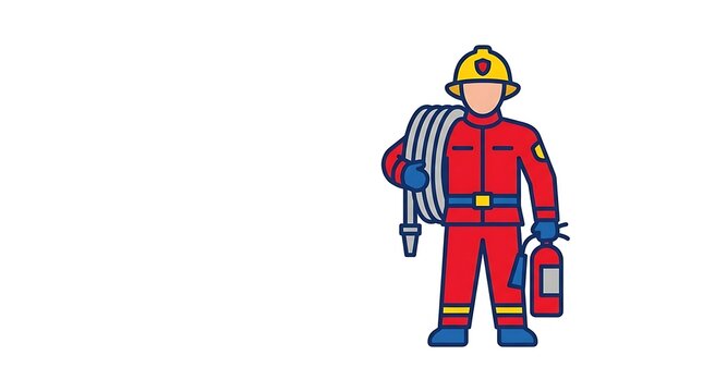 Cartoon firefighter holding fire hose and extinguisher.