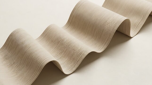Beige textured fabric ribbon forms elegant soft waves across a clean white minimal studio background space