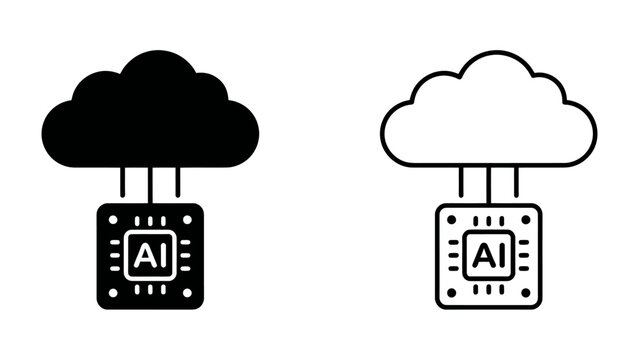 AI Chip Connected to Cloud: Two stylized icons depict a computer chip with AI labeling connected to a cloud symbol, representing cloud computing and artificial intelligence integration.