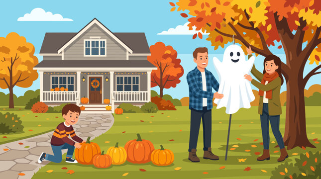 Happy family decorating their front yard with pumpkins and a ghost for Halloween in autumn.