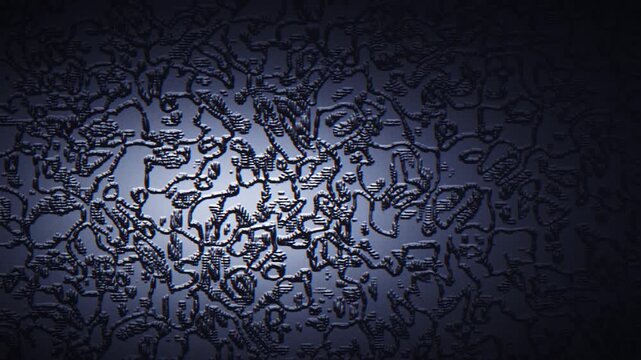 Blue embossed noise terrain fractures like shattered glass under a dark cinematic op art treatment in a seamless loop.