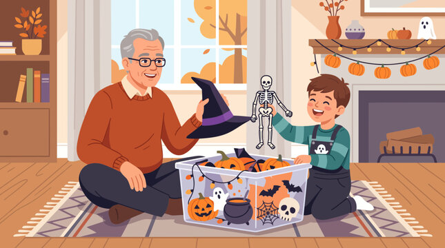 Grandfather and grandson decorating their home for the Halloween holiday season.