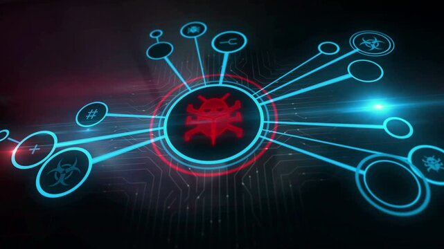 Worm virus cyberattack warning symbol digital concept. Cyber technology and computer network background abstract 3d animation.
