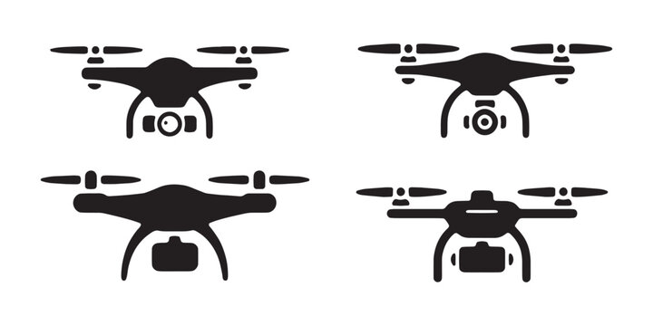 Black drone icons with camera and sensors for quadcopter aerial photography and technology design.