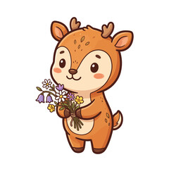 Fototapeta premium Cute Baby Deer Holding a Bouquet of Woodland Flowers, Hand Drawn Vector Illustration