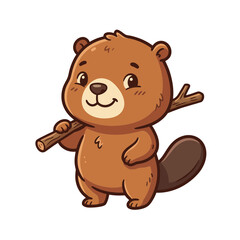 Fototapeta premium Cute Beaver Carrying a Wooden Stick, Hand Drawn Woodland Animal Vector Illustration
