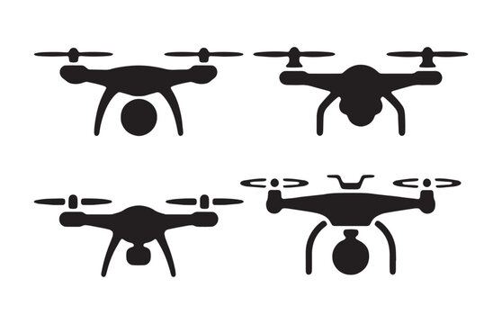 Quadcopter silhouettes black drone vector shapes featuring cameras and round sensors on propellers.