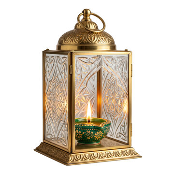 Diya Inside Decorative Glass Lantern on Transparent Background