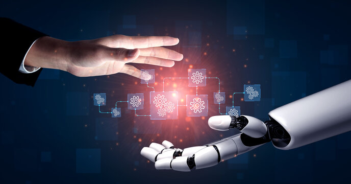 Human and Robot Collaboration Concept with Hand Reach and Digital Interface Representing Next Generation Technology and Innovation in Automation. Entropy.