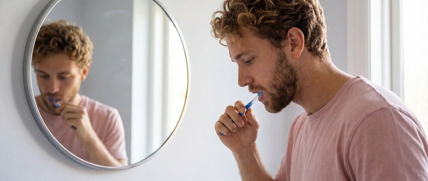 Young man standing in front of a round mirror brushing his teeth during a morning hygiene routine