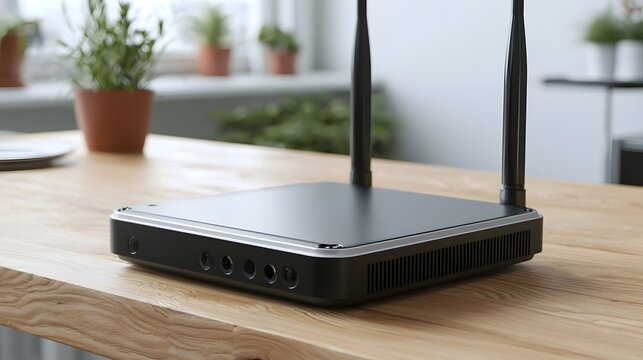 Modern black wireless router with two antennas sits on wooden table near potted plants in bright room