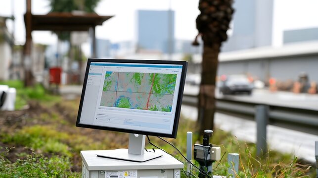Outdoor environmental monitoring station displaying a detailed flood risk map on a computer screen near a road and trees