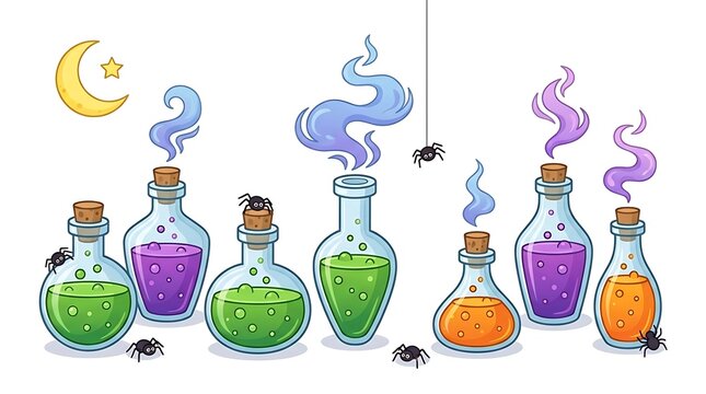 Colorful magic potions and spiders illustration.