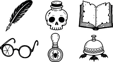 Naklejka premium Halloween witchcraft clip art collection with skull potion bottle book feather glasses and bell ink illustration