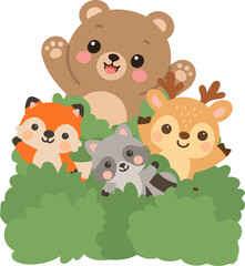 Naklejka premium Friendly woodland animals peeking from green bushes