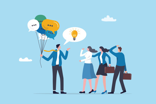 Effective communication, brainstorm meeting or leadership to communicate with team collaboration, discussion or negotiation for success, businessman with speech bubble and lightbulb idea message.