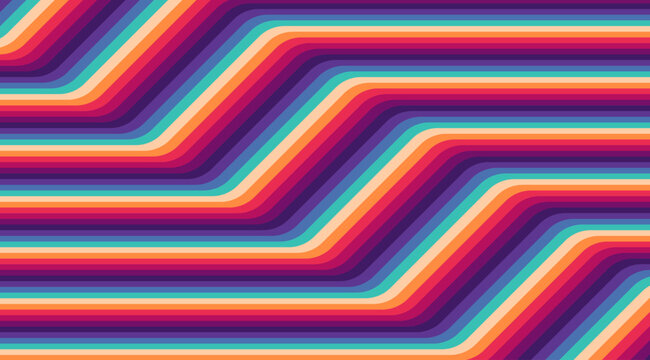 Vibrant 70s style geometric background with colorful stepping parallel lines and smooth diagonal curves.