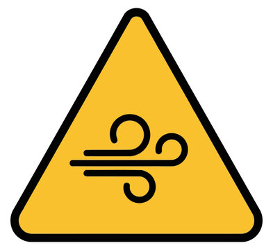 Warning sign with a black wind icon inside a yellow triangle