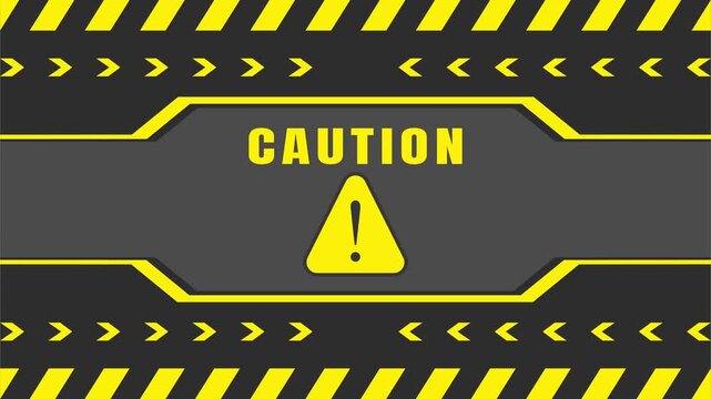Animated motion graphic of caution warning sign with yellow stripes on dark background.