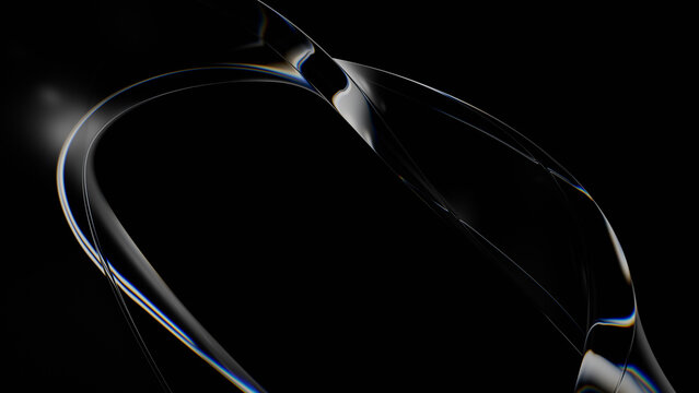 Abstract elegant glass wave with chromatic aberration, transparent twisting ribbon on black background with copy space. 3d rendering illustration not AI
