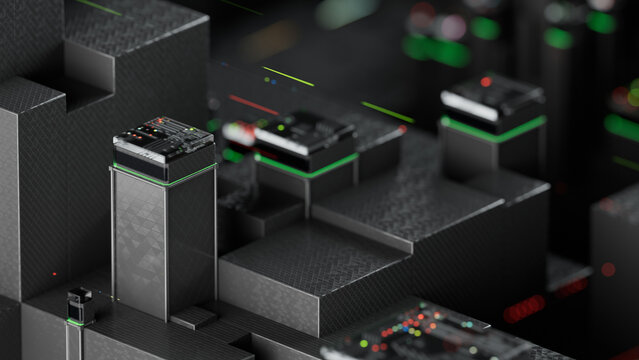 Abstract futuristic macro technology background, 3d render of black server blocks with glowing green led circuits and copy space. 3d rendering illustration not AI